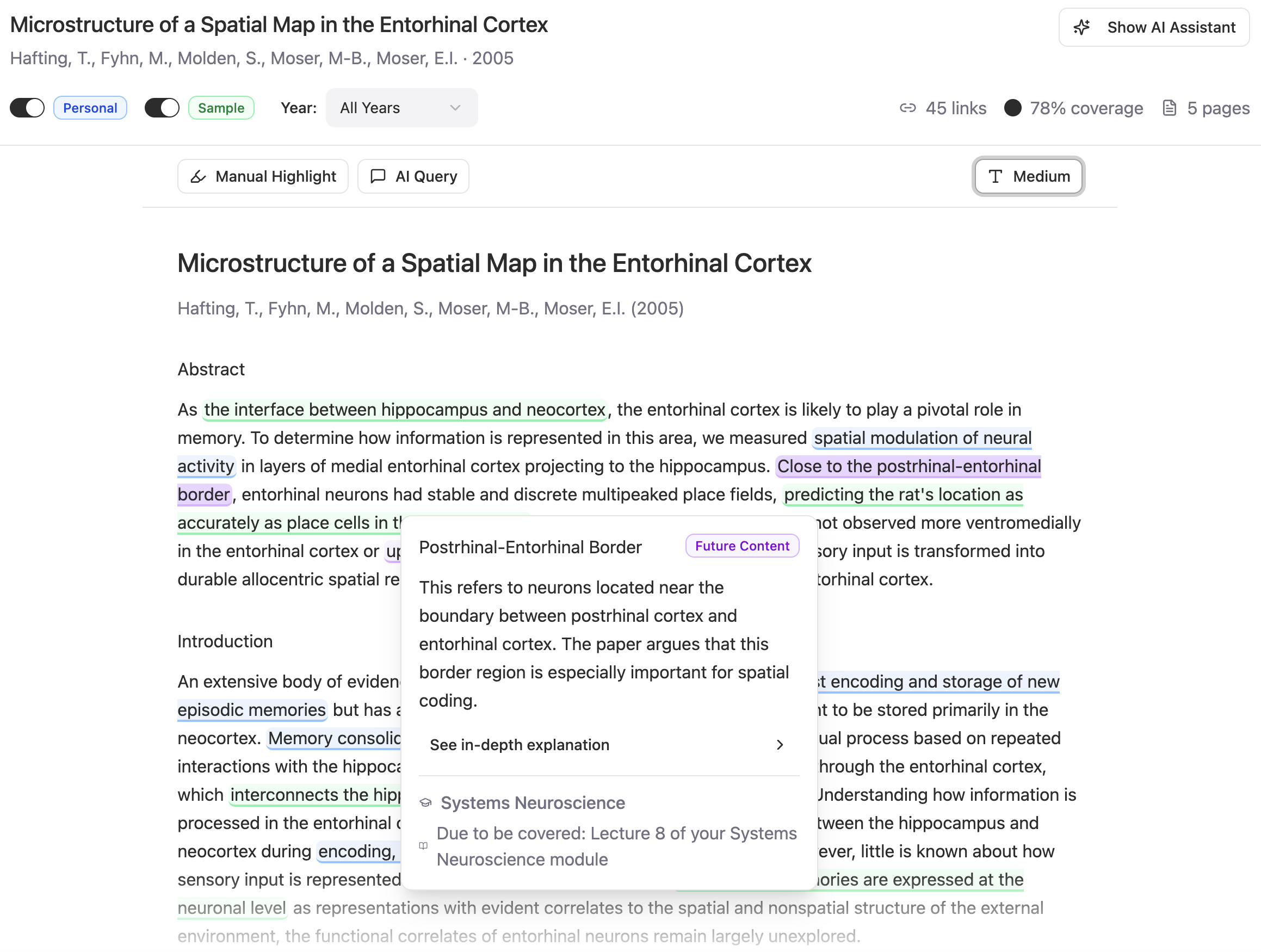 Spider paper viewer showing an annotated neuroscience paper. Concepts are highlighted in context, and a tooltip explains the postrhinal–entorhinal border, marked as future content due in Lecture 8 of the Systems Neuroscience module.
